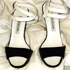 Manolo Blahnik White Black Patent Llonicabi Ankle Strap Sandals